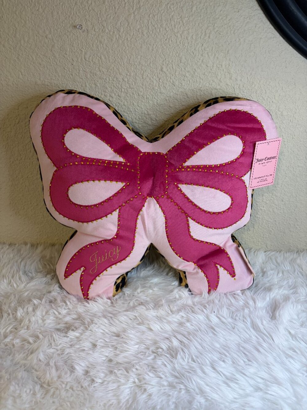 Juicy Couture Pink Bow Leopard Decorative Throw Pillow Coquette NWT
